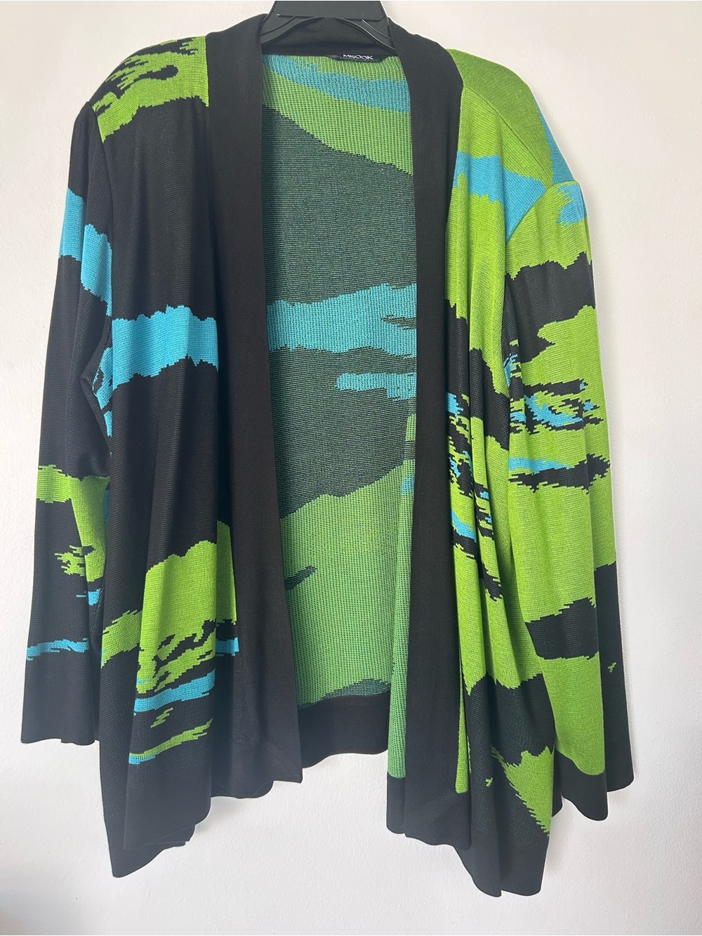 Misook Women’s Open-Front Patterned Abstract Green Blue Cardigan Jacket Size 2X